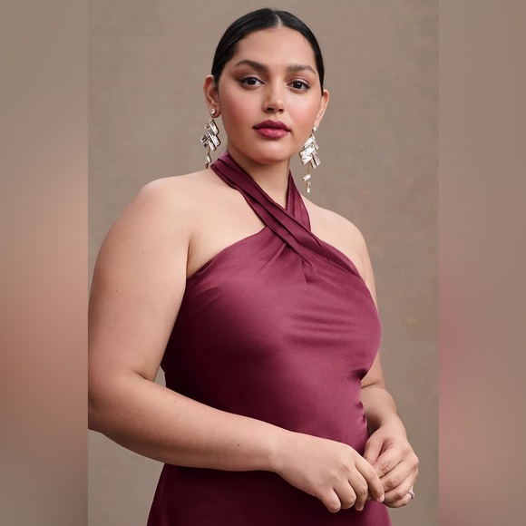 SOLD BHLDN NWT Ruby Twist Halter Satin Gown Plus Size 22 Dark Berry Bridesmaid - Picture 3 of 16